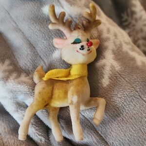 Vintage Flocked Reindeer Ornament with Yellow Scarf
